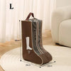 A brown waterproof tall boot storage bag with a transparent window displayed on a light rug.