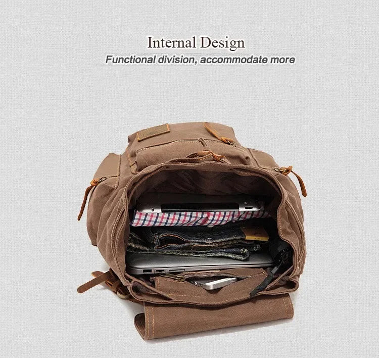Vintage Canvas Backpack with Leather Accents – Large Capacity Travel & Laptop Bag