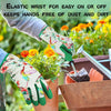 A hand wearing an elastic wrist gardening glove is using a small trowel to dig in a garden.