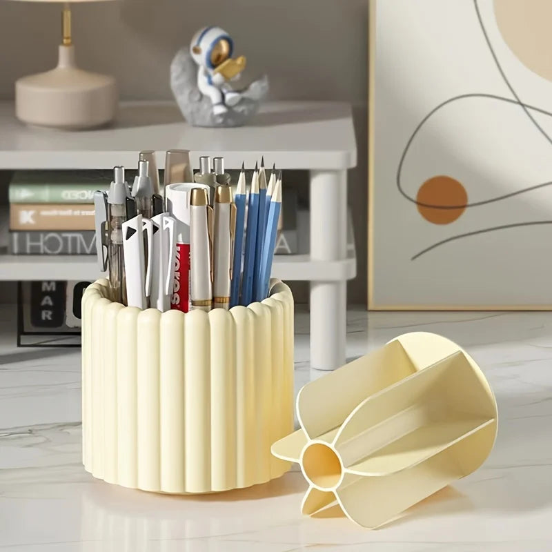 A light yellow rotating organizer for 7 makeup brushes with removable compartments sitting on a white surface.