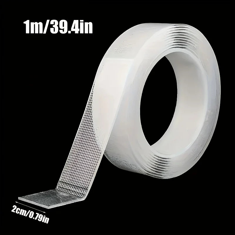 Roll of 1m/39.4in double-sided tape with a 2cm/0.79in strip shown on a black background.