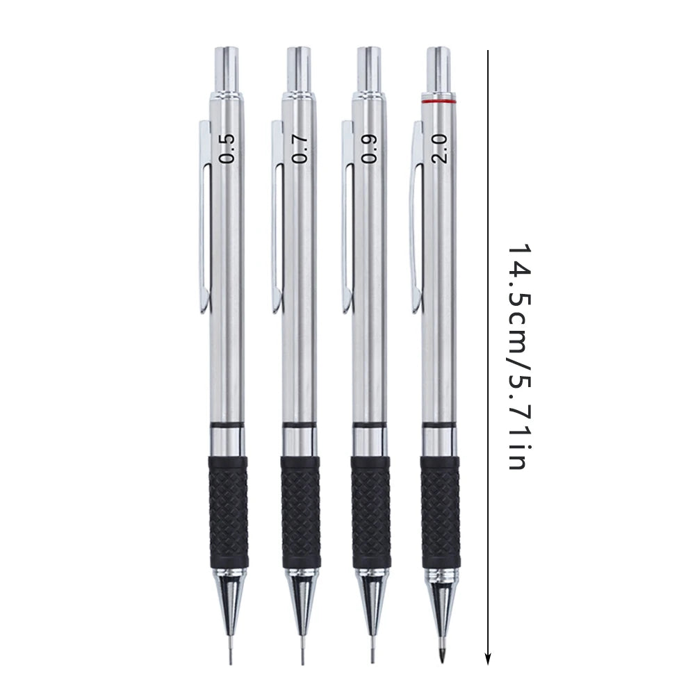 A set of professional metal mechanical pencils with varying diameters (0.5 to 2.0 mm) and black grips.