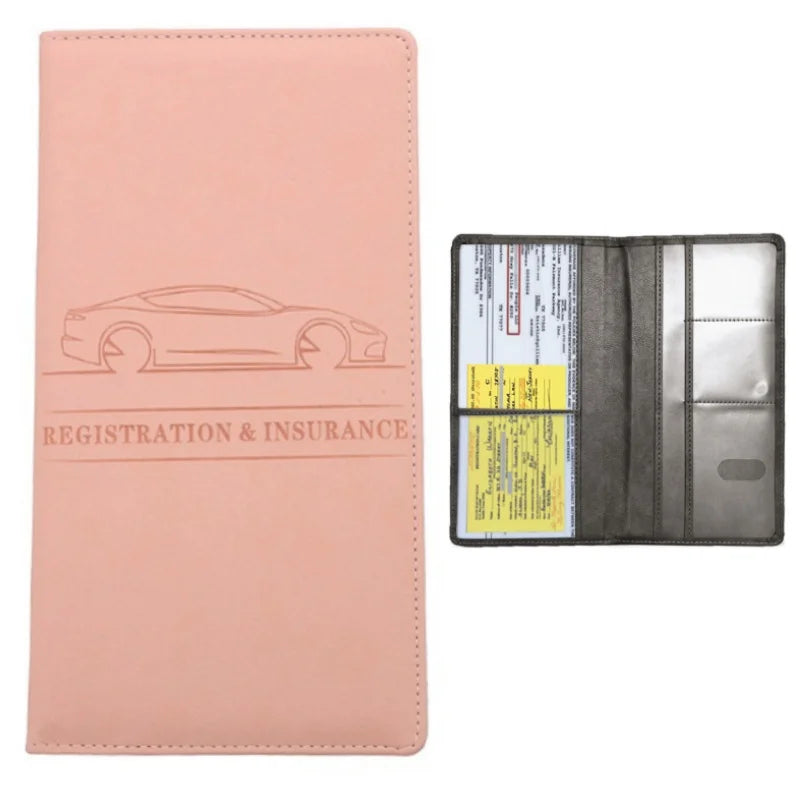 A pink leather card holder wallet for vehicle registration and insurance cards, shown next to an open black sleeve.