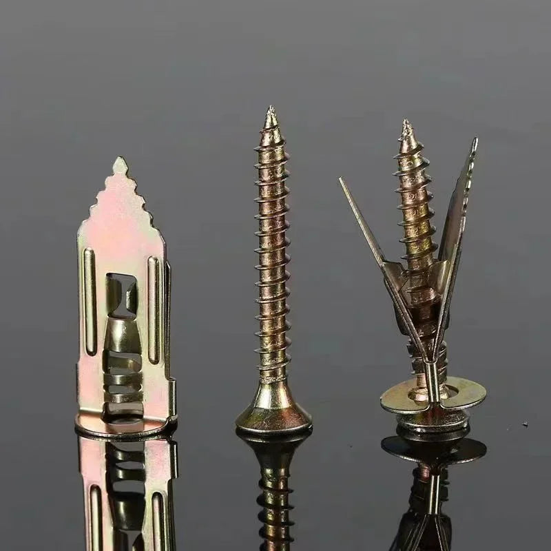 A set of heavy-duty self-drilling drywall anchors shown in various forms and angles.