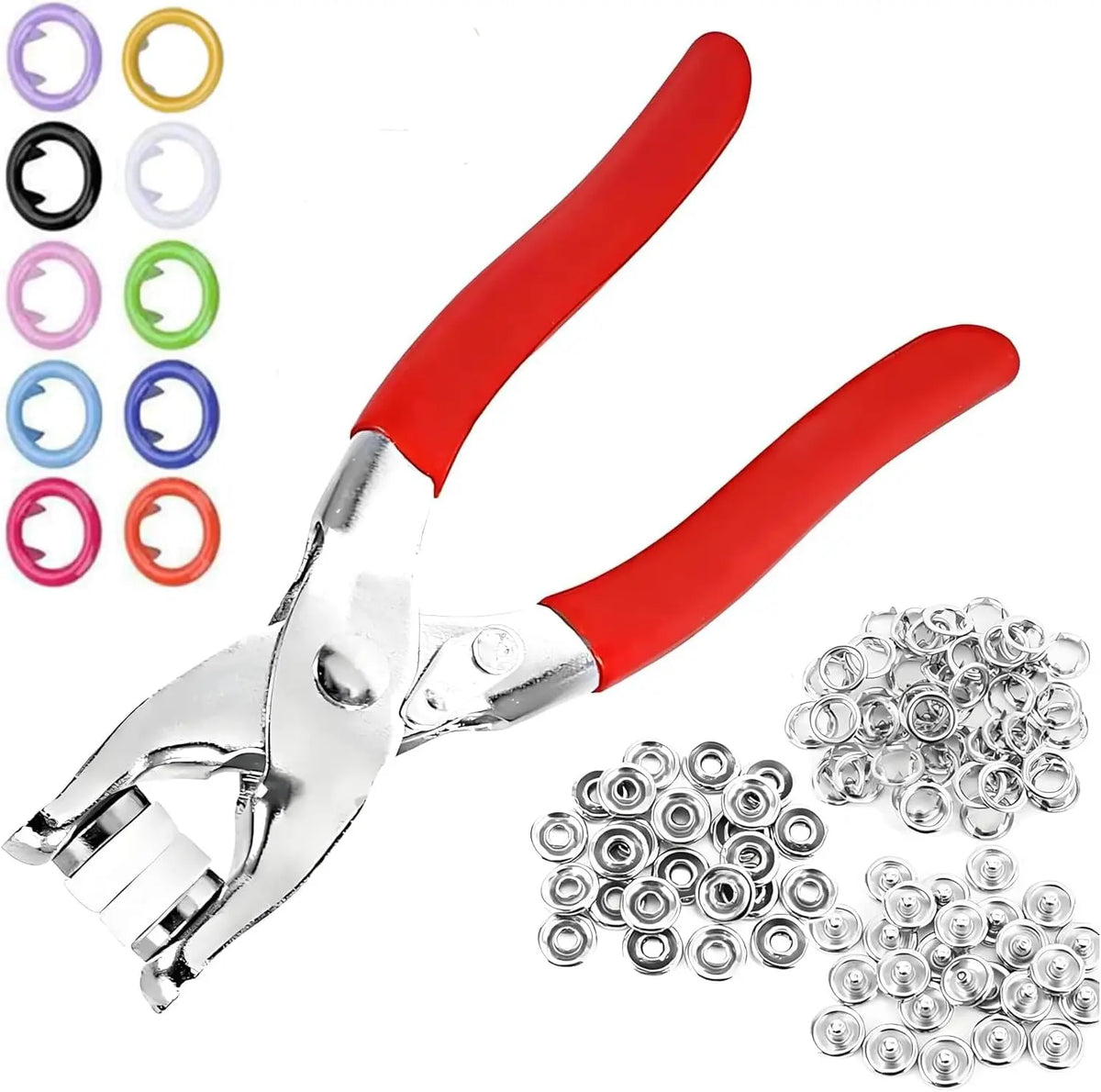 A set of metal pliers and various colored snap fasteners for use in crafting or repair.