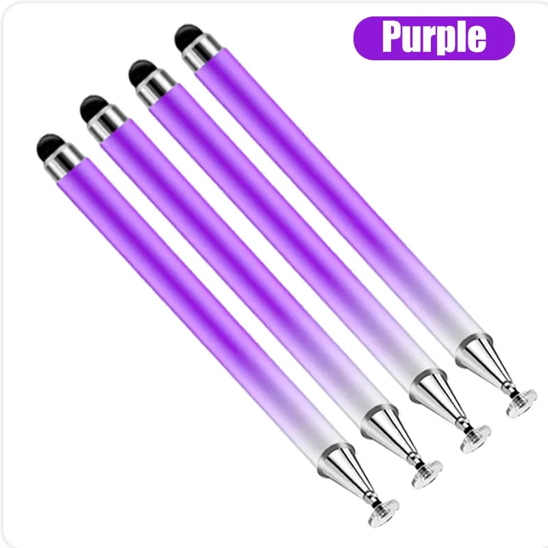 Purple 2-in-1 universal stylus pen for touchscreen devices shown in a row.