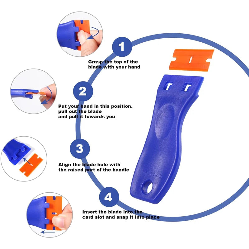Diagram showing the steps to use a plastic razor blade scraper for removing stickers and labels.