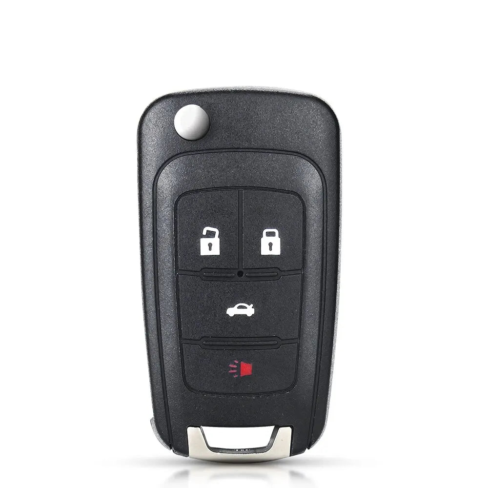 A black flip-style replacement key shell for a Chevrolet vehicle, showing multiple key cutouts and a remote fob.