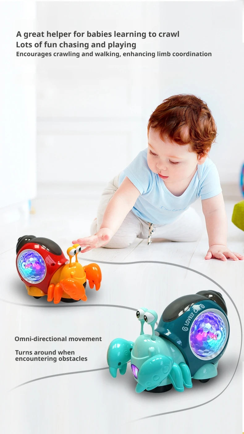 An interactive crawling crab toy with music and lights is shown on a white floor.