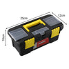 A black plastic toolbox with yellow accents and clear lids, shown from above with dimensions marked.