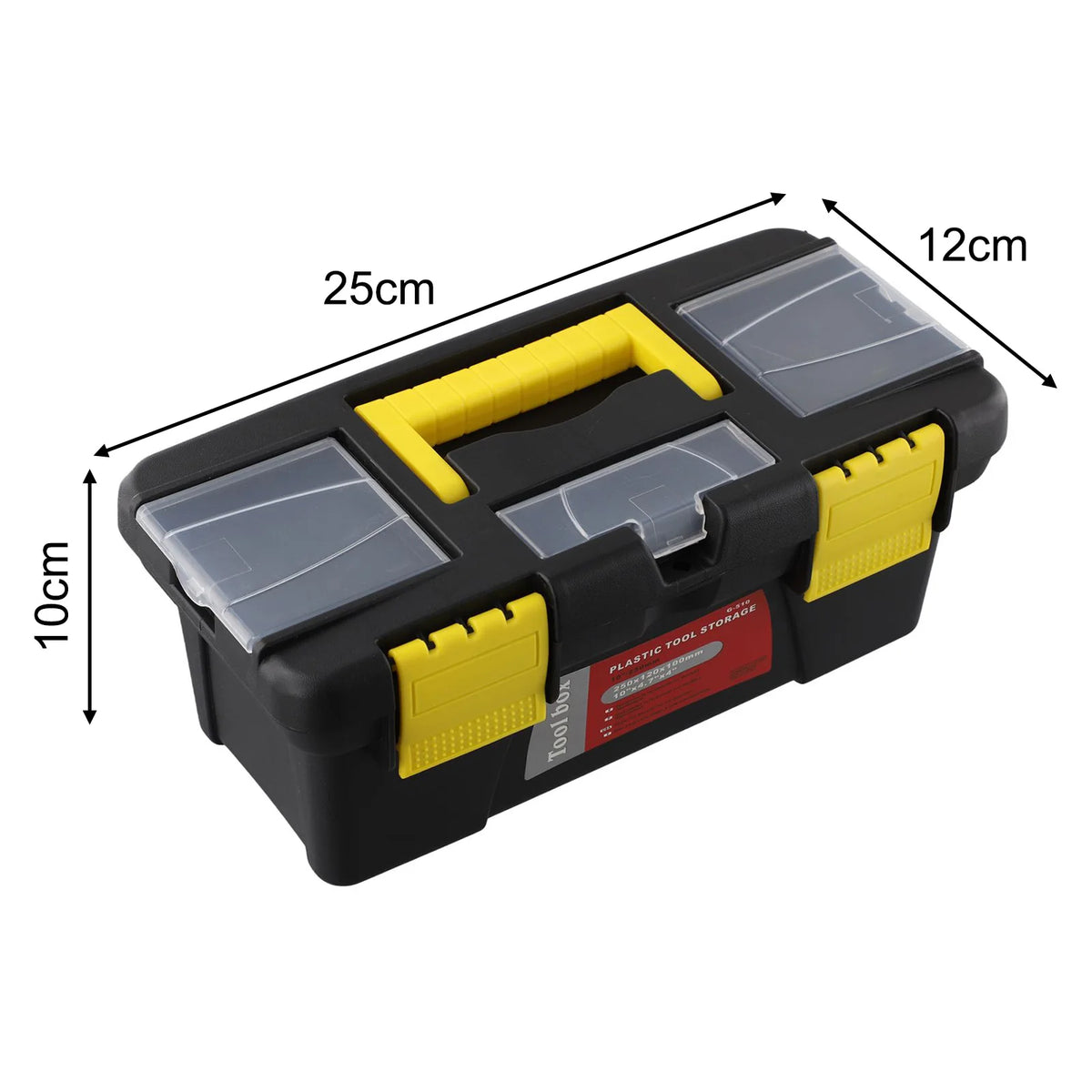 A black plastic toolbox with yellow accents and clear lids, shown from above with dimensions marked.