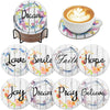 A set of nine circular diamond painting coasters featuring various inspirational words like Dream Love Smile Faith Hope Joy, 