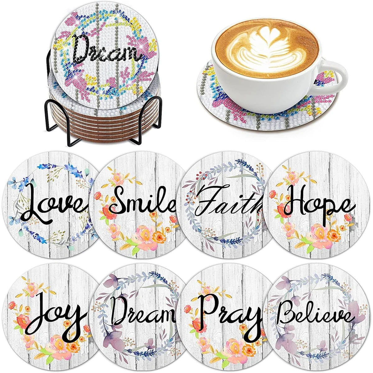 A set of nine circular diamond painting coasters featuring various inspirational words like Dream Love Smile Faith Hope Joy, 