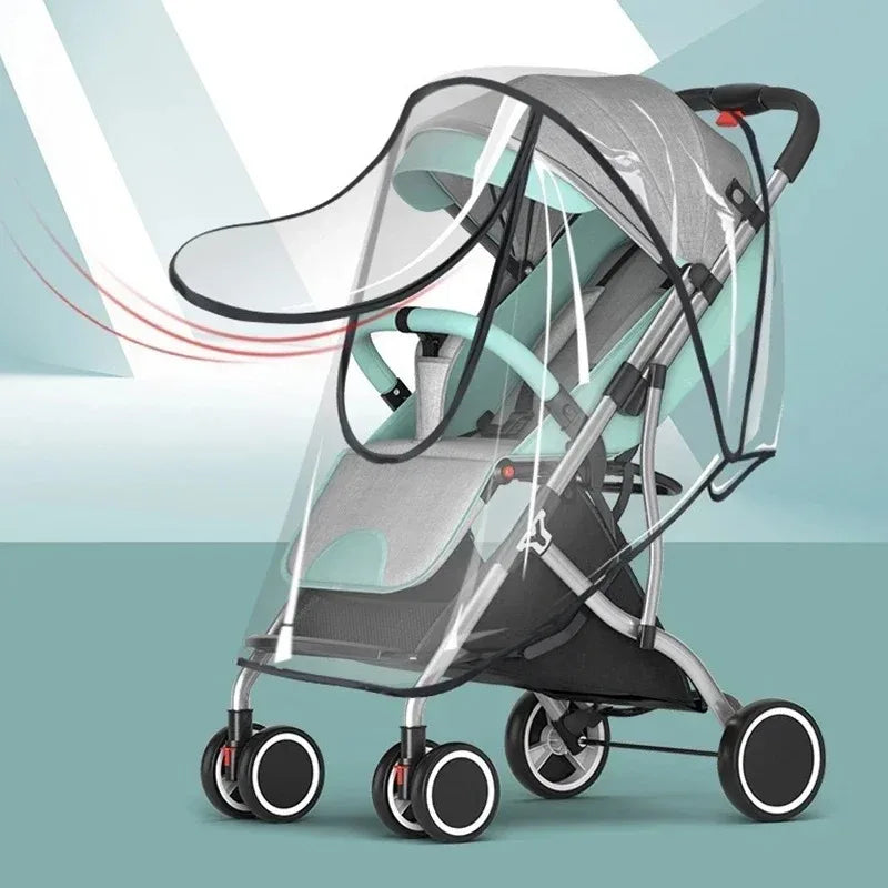 A gray universal waterproof stroller rain cover with a transparent shield is shown on a wheeled frame.
