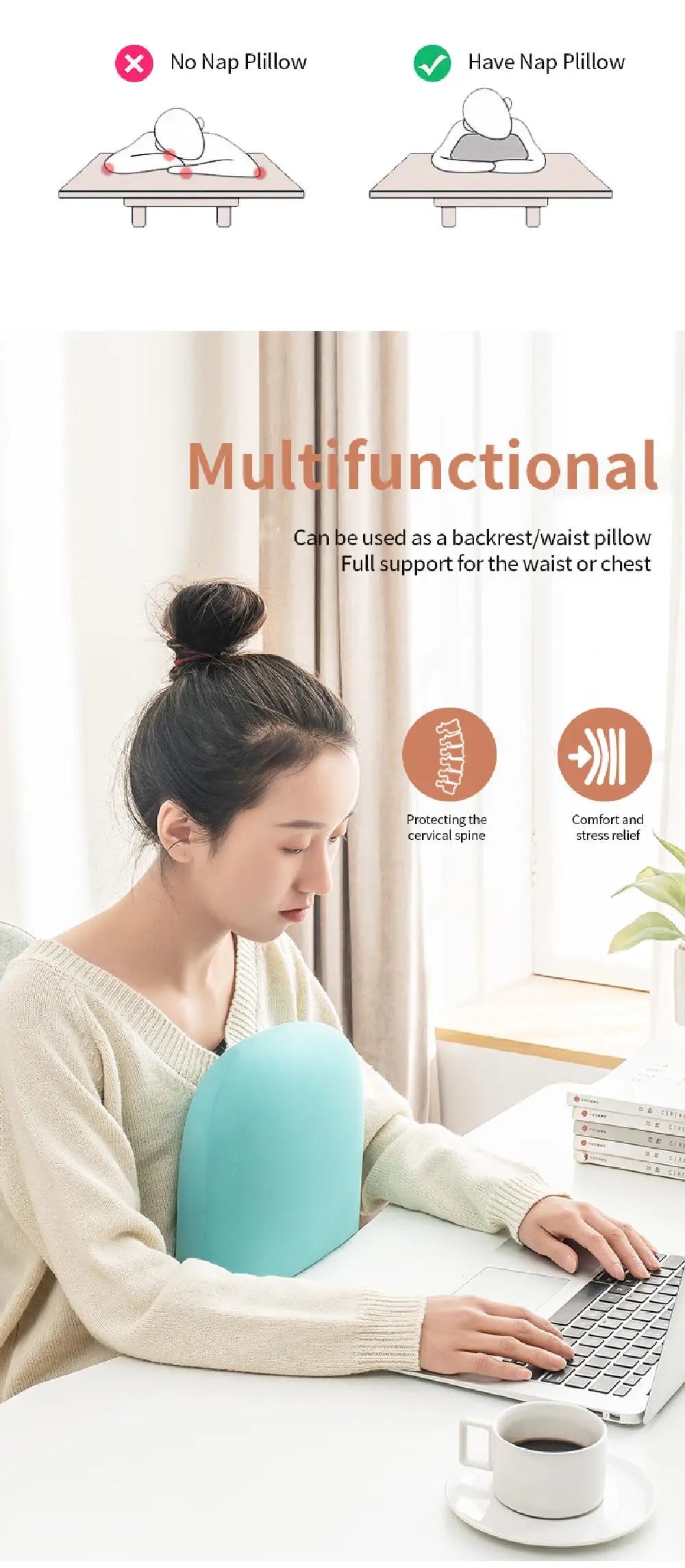 A woman is using a light blue multifunctional neck pillow for support while working on a laptop.