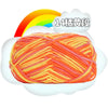 A ball of orange yarn labeled as 14-ply yarn is shown against a white cloud with a rainbow background.