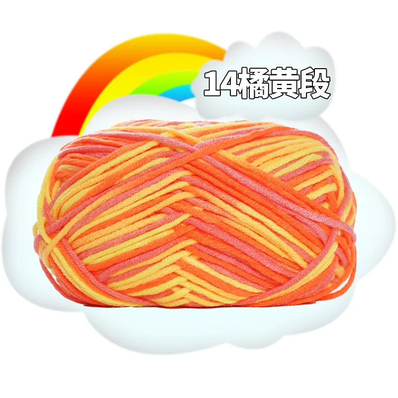 A ball of orange yarn labeled as 14-ply yarn is shown against a white cloud with a rainbow background.