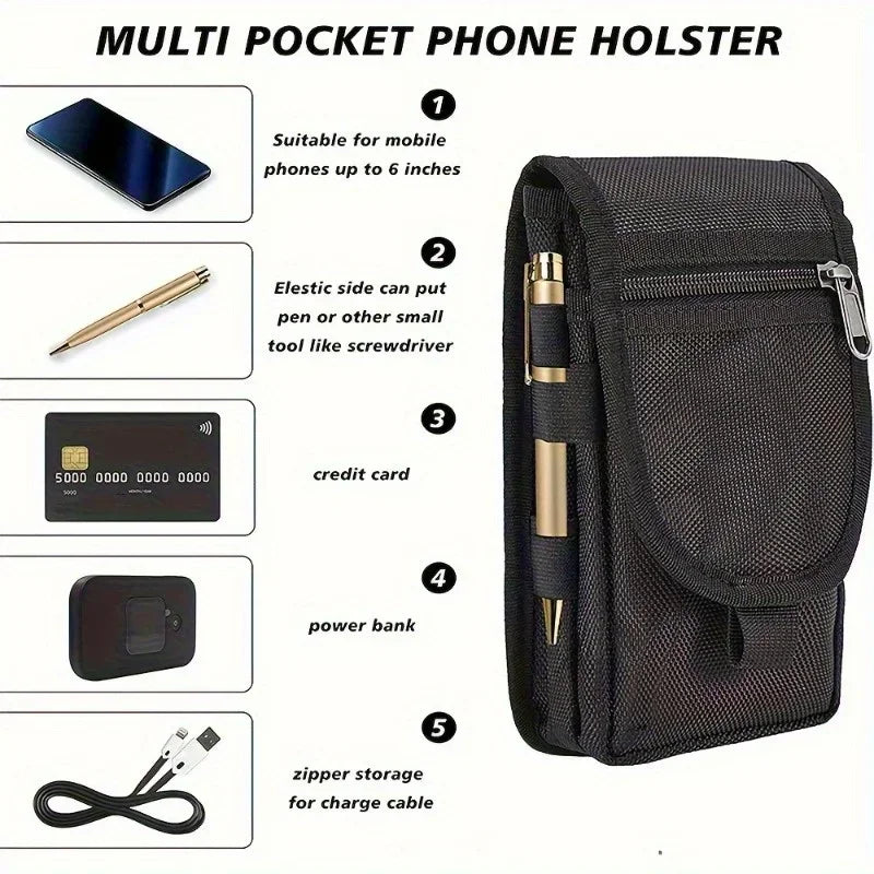 Housse de téléphone noire multi-poches avec emplacements pour stylos, tournevis, cartes de crédit, batteries externes et ferm