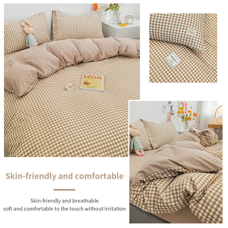 100% Cotton Duvet Cover Set with Plaid Stripe – Breathable & Skin-Friendly