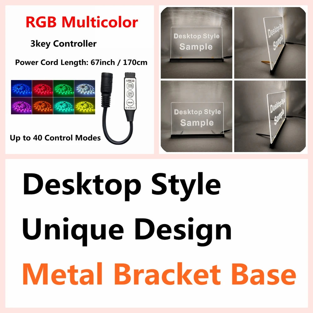 RGB Multicolor 3key Controller and Desktop Style Unique Design Metal Bracket Base LED sign