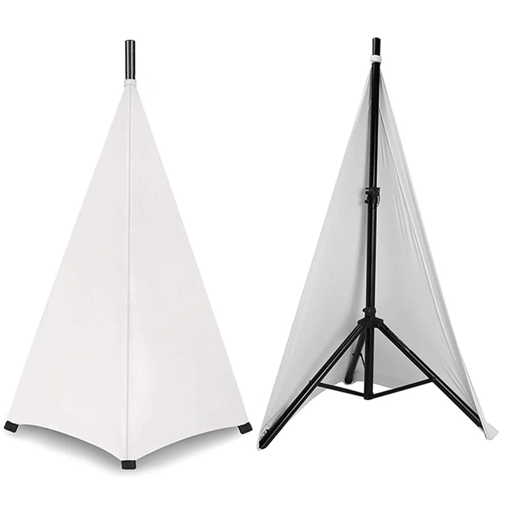 A white universal stretchable speaker stand cover shown in a triangular shape.