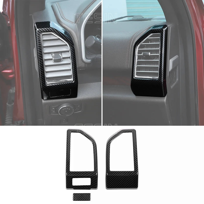 Carbon fiber grain center console trim cover for Ford F-150 showing interior automotive trim pieces.