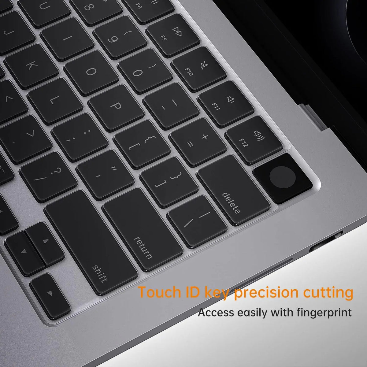 Close-up of a silicone keyboard cover for a laptop, showing precision cutting and fingerprint access.