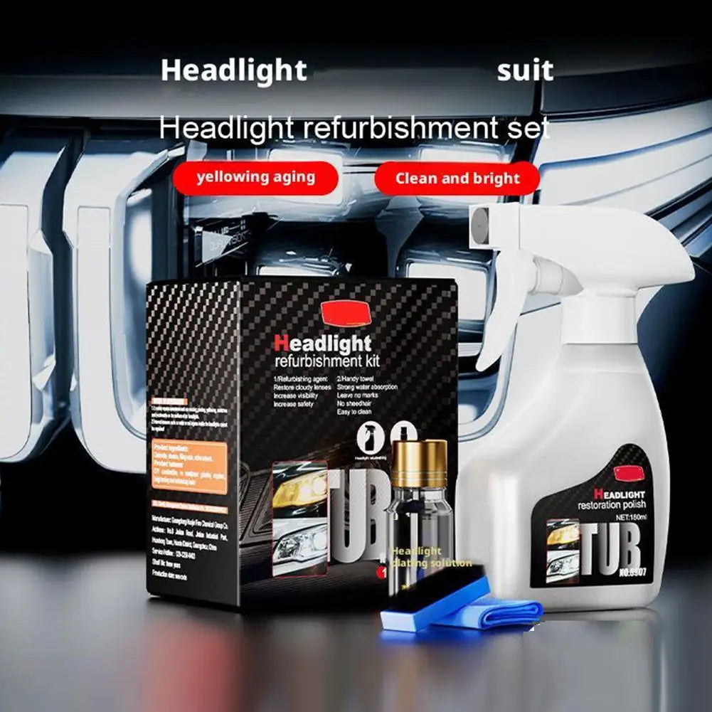 A set of headlight refurbishment kits including a cleaning solution and polish for restoring car headlights.