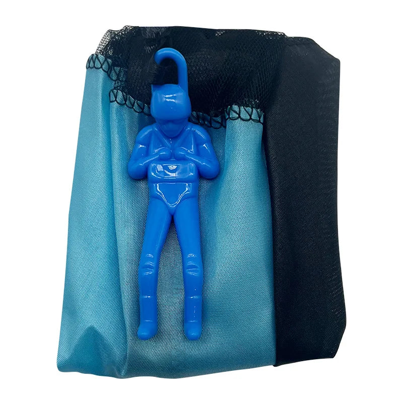 Blue hand-throw parachute toy with a mini soldier for outdoor kids play