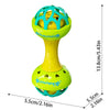 A yellow and green baby sensory spinning rattle toy set with a green top and yellow base.