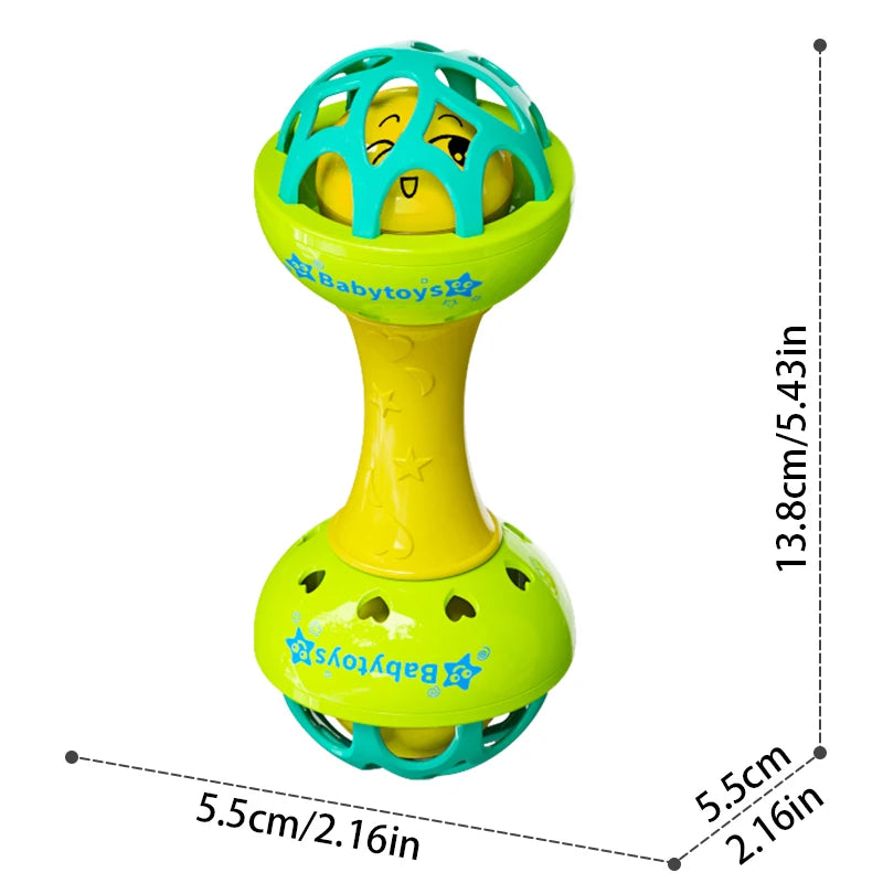 A yellow and green baby sensory spinning rattle toy set with a green top and yellow base.