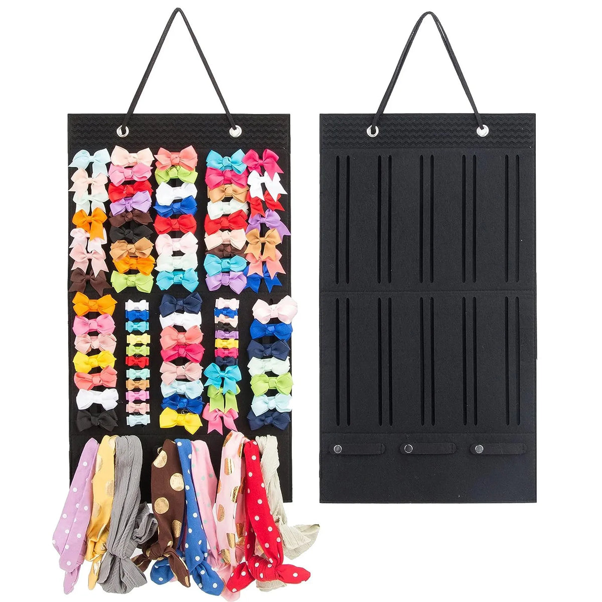 A black hair bow and clip organizer with colorful fabric bows and clips hanging from a rope hanger.