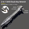 A 2-in-1 drill chuck key wrench tool with various sized adapters shown in detail.
