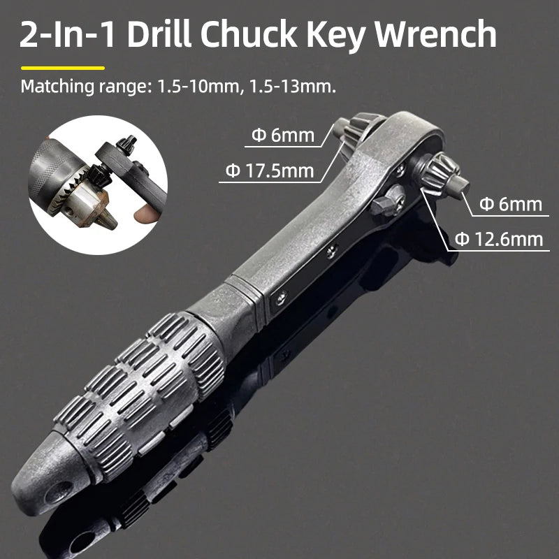 A 2-in-1 drill chuck key wrench tool with various sized adapters shown in detail.