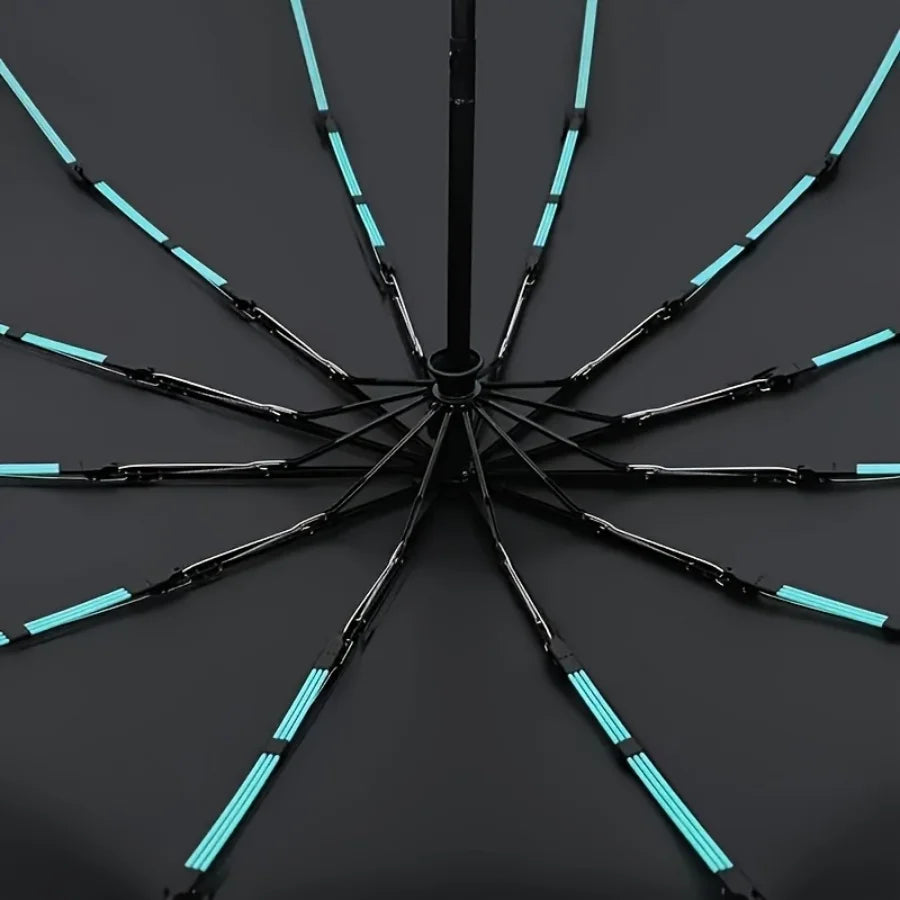 A black umbrella with light blue glowing ribs spread out against a dark background.