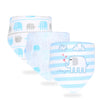 A set of three light blue baby bibs featuring cartoon elephants and clouds