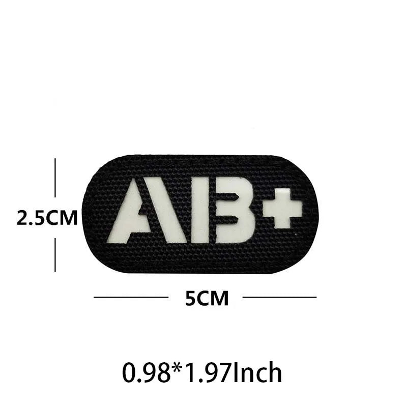 Black glow-in-the-dark blood type tactical patch with hook and loop backing