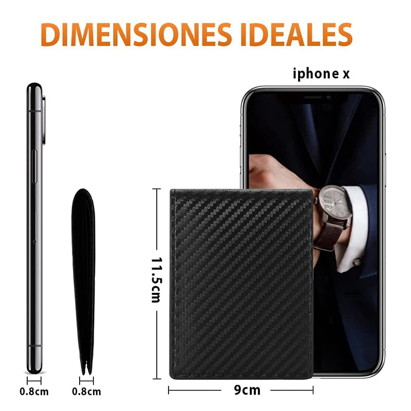 A black slim tri-fold wallet with an ID window shown next to an iPhone X for scale.