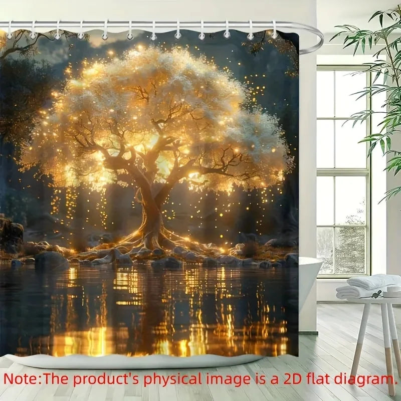 A shower curtain featuring a bright rainbow design on a plaid fabric background.