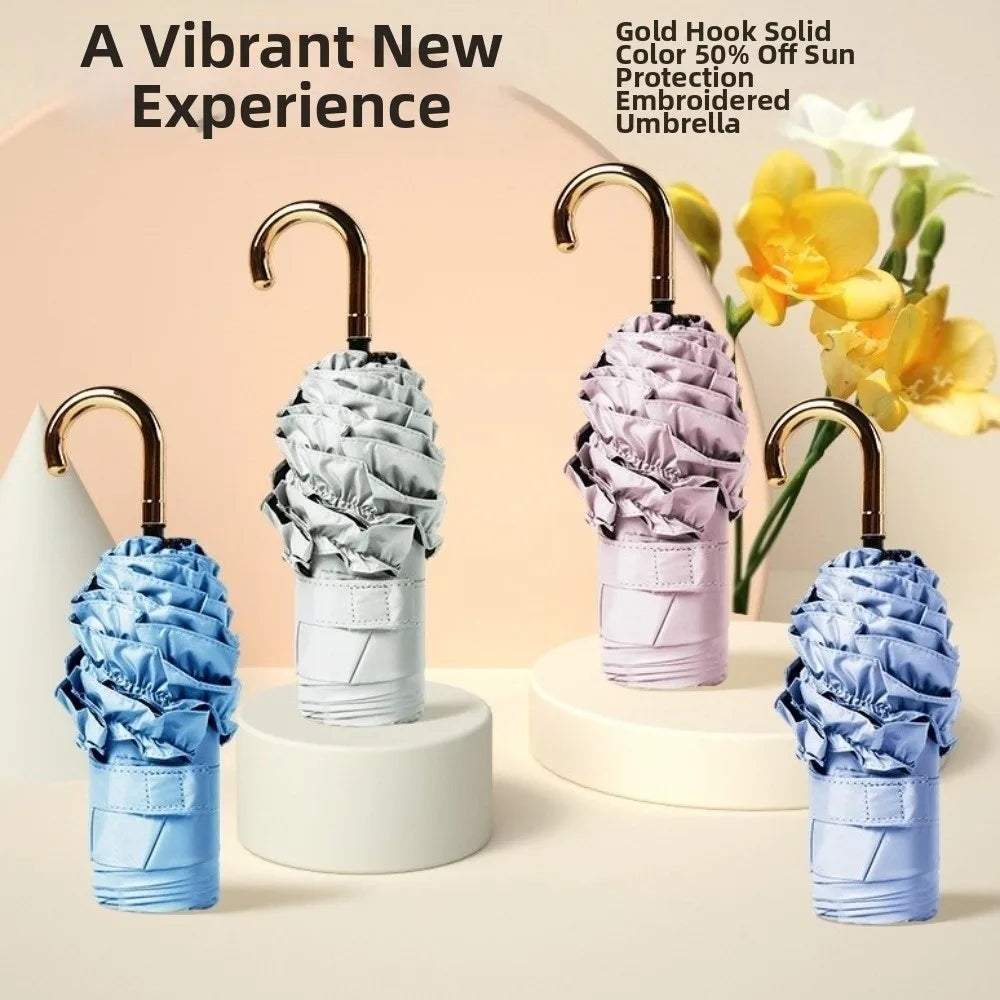 A vibrant new experience featuring a gold hook portable five-fold lace umbrella in blue and purple colors.