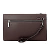 Dunkelbraunes Damen-PU-Lederclutch mit silbernem Reißverschluss und Trageriem.