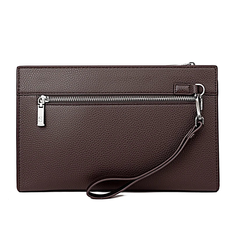 Dunkelbraunes Damen-PU-Lederclutch mit silbernem Reißverschluss und Trageriem.