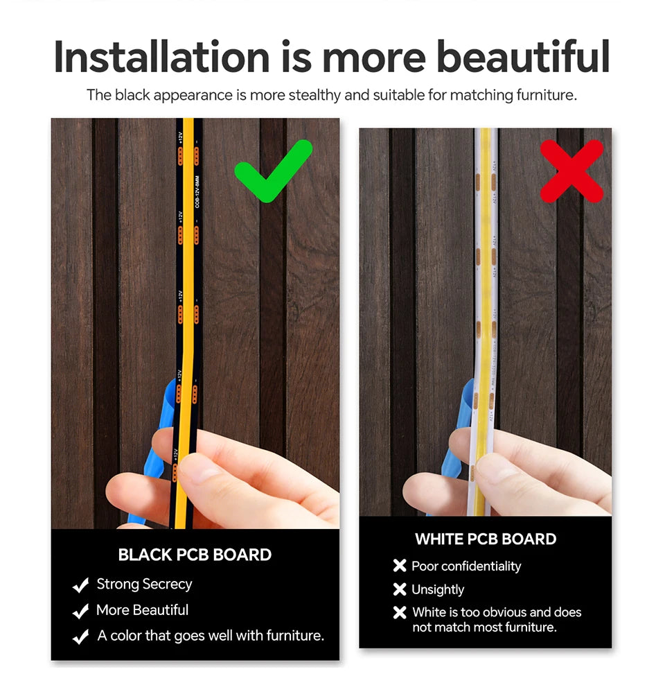 Comparison of black and white PCB board LED strips for installation, highlighting features like secrecy and furniture matchin