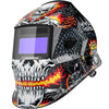 A black and white auto-darkening welding helmet with a skull design and a purple lens.
