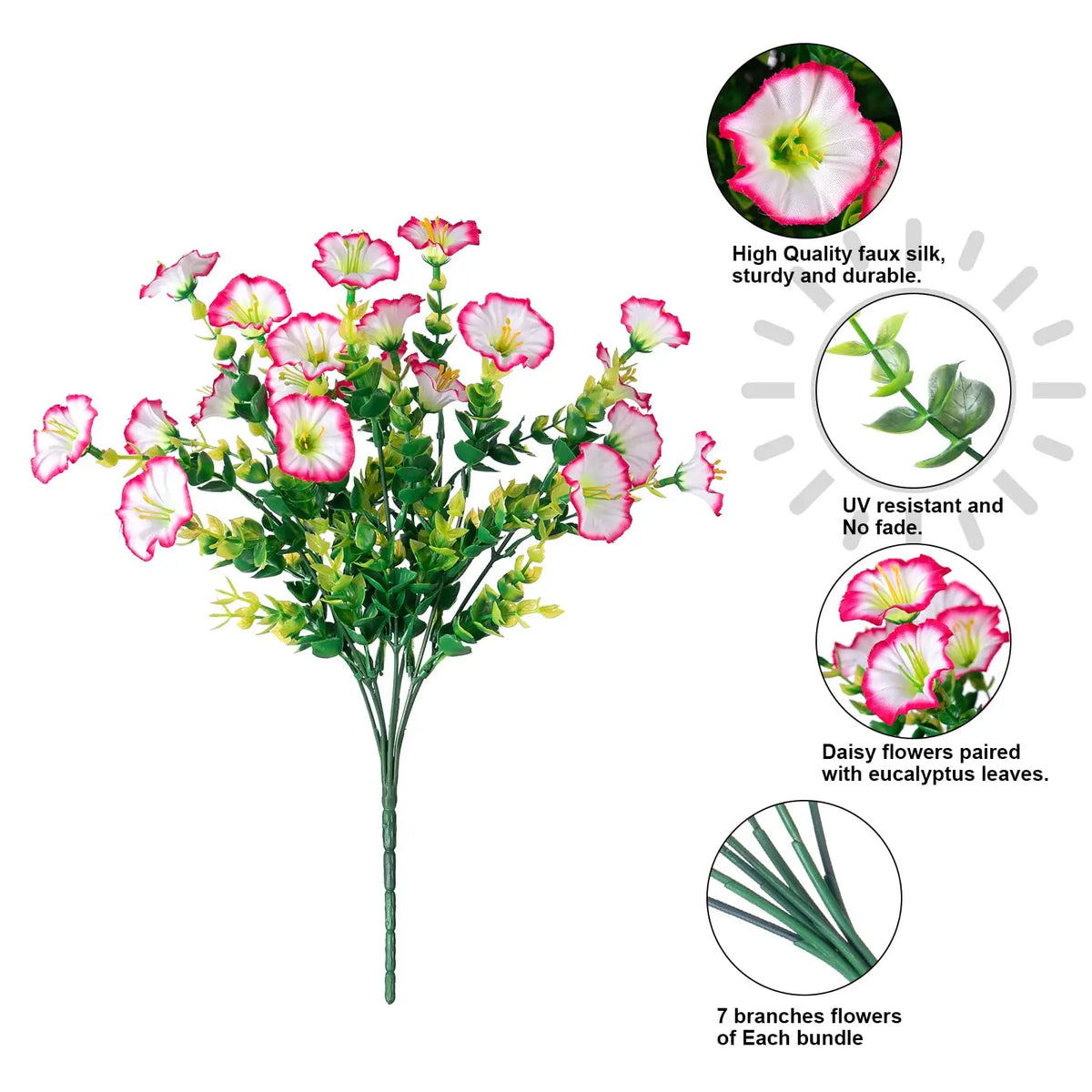 A bouquet of pink and white daisy-like faux flowers with eucalyptus leaves, showing 7 branches per bundle.