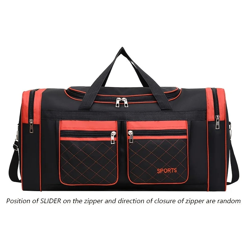 Schwarze Sport-Duffeltasche mit orangefarbenen Akzenten und einem Griff.