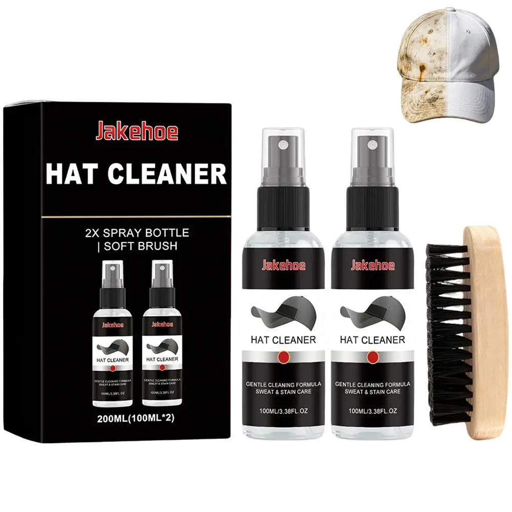 A complete hat cleaning kit featuring two spray bottles, a soft brush, and a comb for cleaning hats.