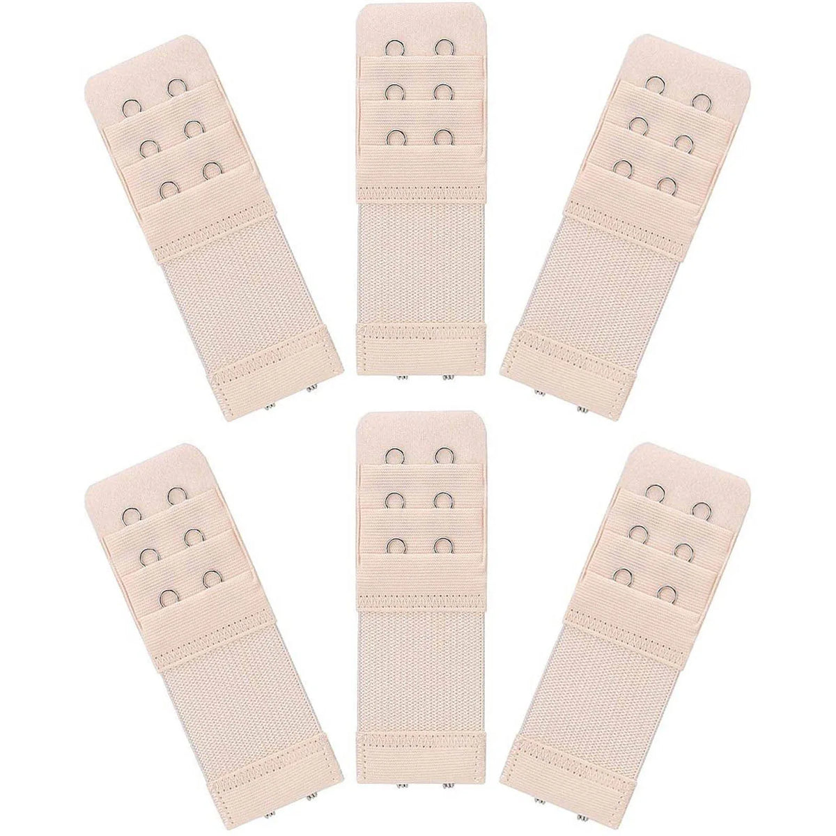 A set of five beige soft stretch bra extenders with hook adjustment for fitting bras.