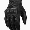 Black leather motorcycle gloves featuring a carbon fiber logo on the back