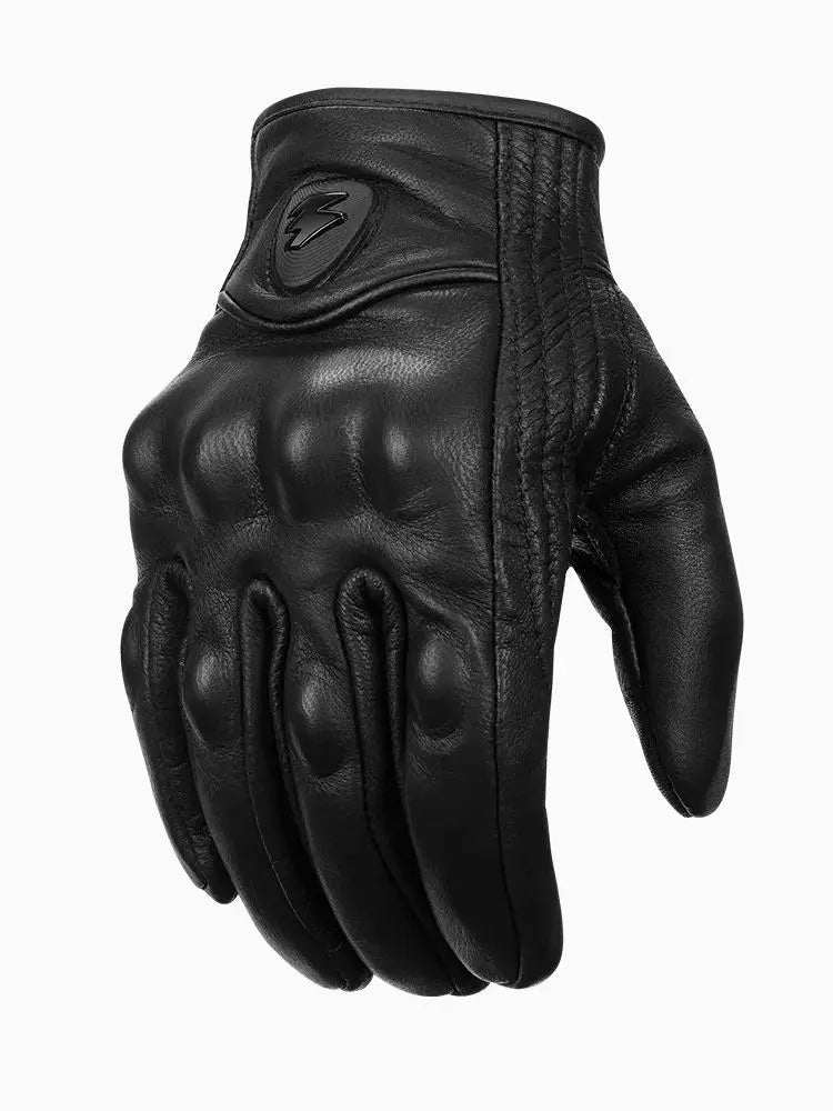 Black leather motorcycle gloves featuring a carbon fiber logo on the back